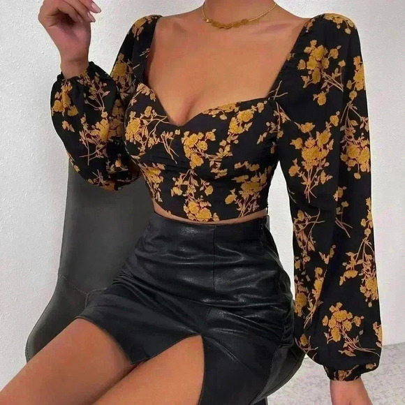 Multicolor Sexy Women's Floral Print Sweetheart Neck Lantern Sleeve Crop Blouse - Picture 5 of 5